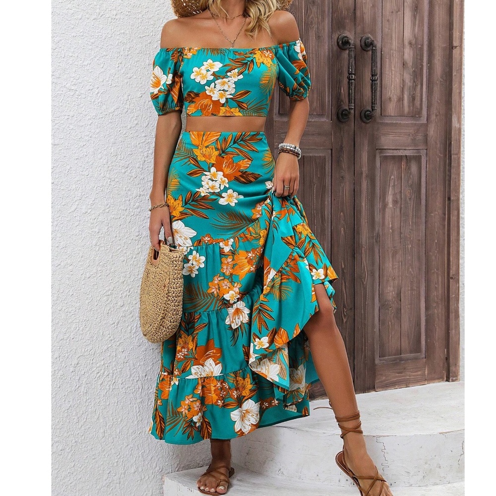 Boho Floral Tropical Print Off Shoulder Crop Top Maxi Skirt Set